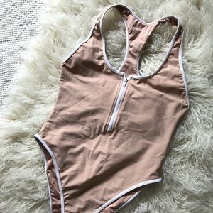 🍦 One Piece Nude Zip Front Racerback Sporty Swimsuit